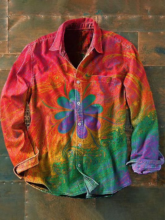 Chemise à manches longues Casual Vintage Psychedelic Hippie Colorful Flower Print pour hommes