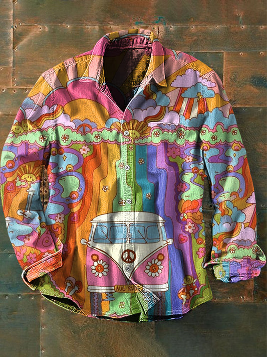 Chemise décontractée à manches longues à imprimé voiture colorée Hippie psychédélique vintage pour hommes