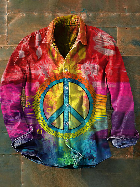 Chemise décontractée à manches longues imprimée paix colorée Hippie psychédélique vintage pour hommes