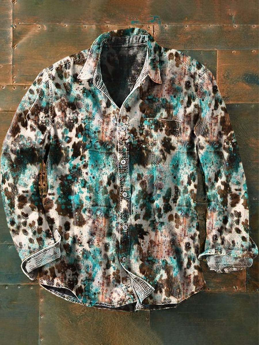 Chemise à manches longues décontractée Western Cow Print pour hommes