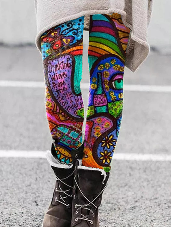 Femmes Rétro Hippie Abstrait Coloré Graffiti Imprimer Leggings Décontractés