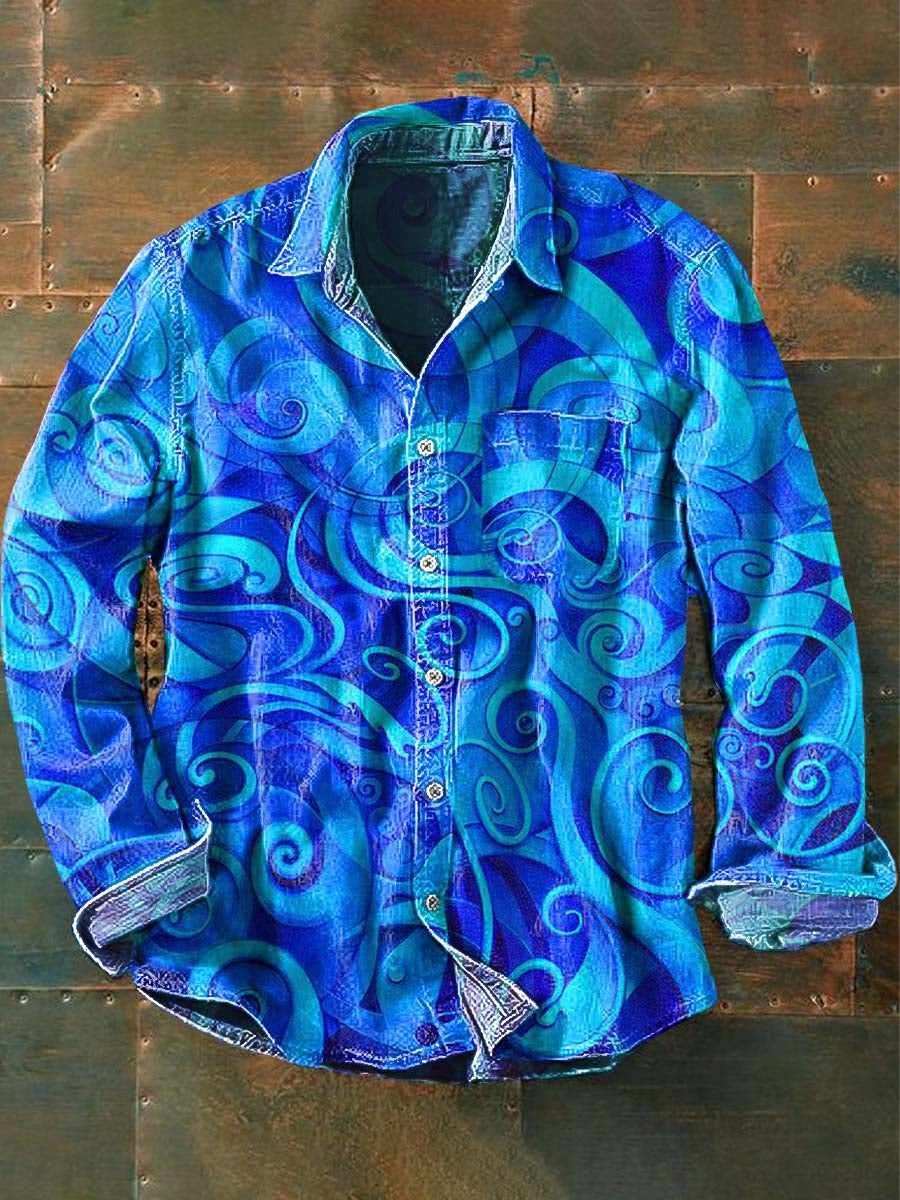 Chemise à manches longues à revers décontracté Art Abstract Print pour hommes