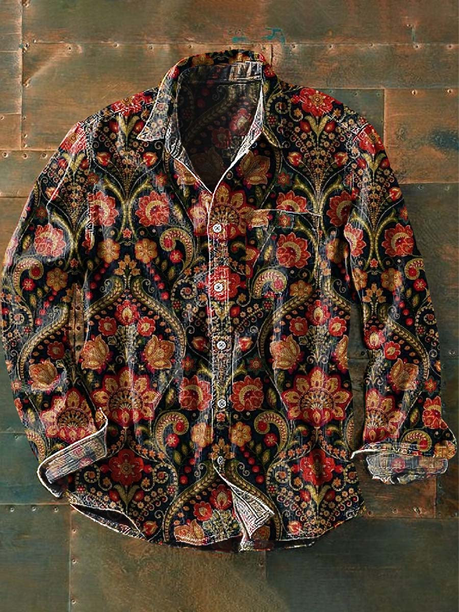 Chemise décontractée à manches longues à imprimé floral vintage pour hommes