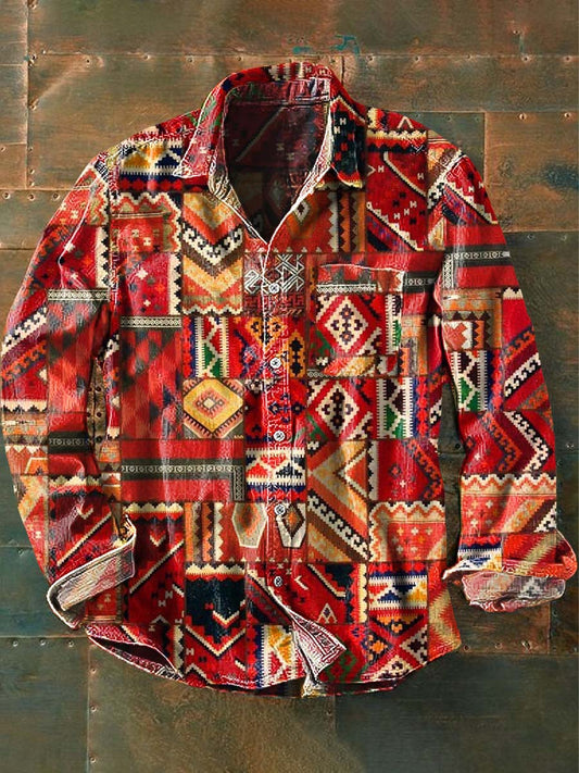 Chemise à manches longues à revers décontractée à imprimé western vintage pour hommes