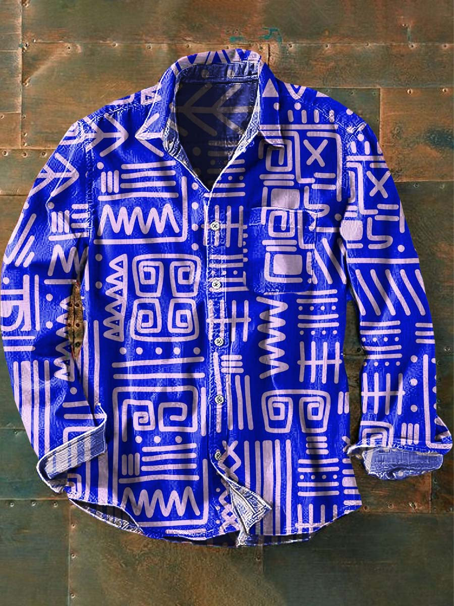 Chemise à manches longues à revers décontractée à imprimé ethnique tribal vintage pour hommes