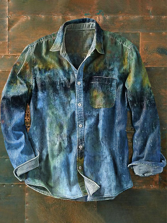 Chemise de poche à manches longues unisexe à revers Vintage Denim Color Art Print