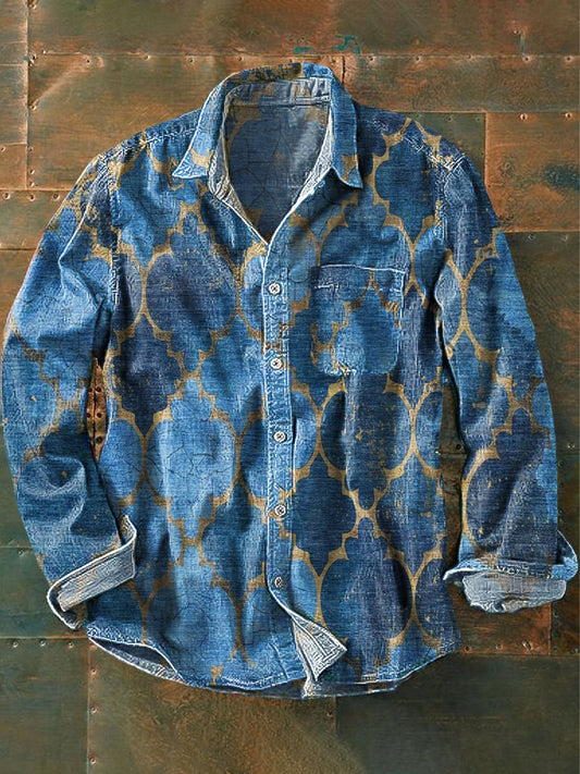 Chemise de poche à manches longues à revers Vintage Western Art Print pour hommes