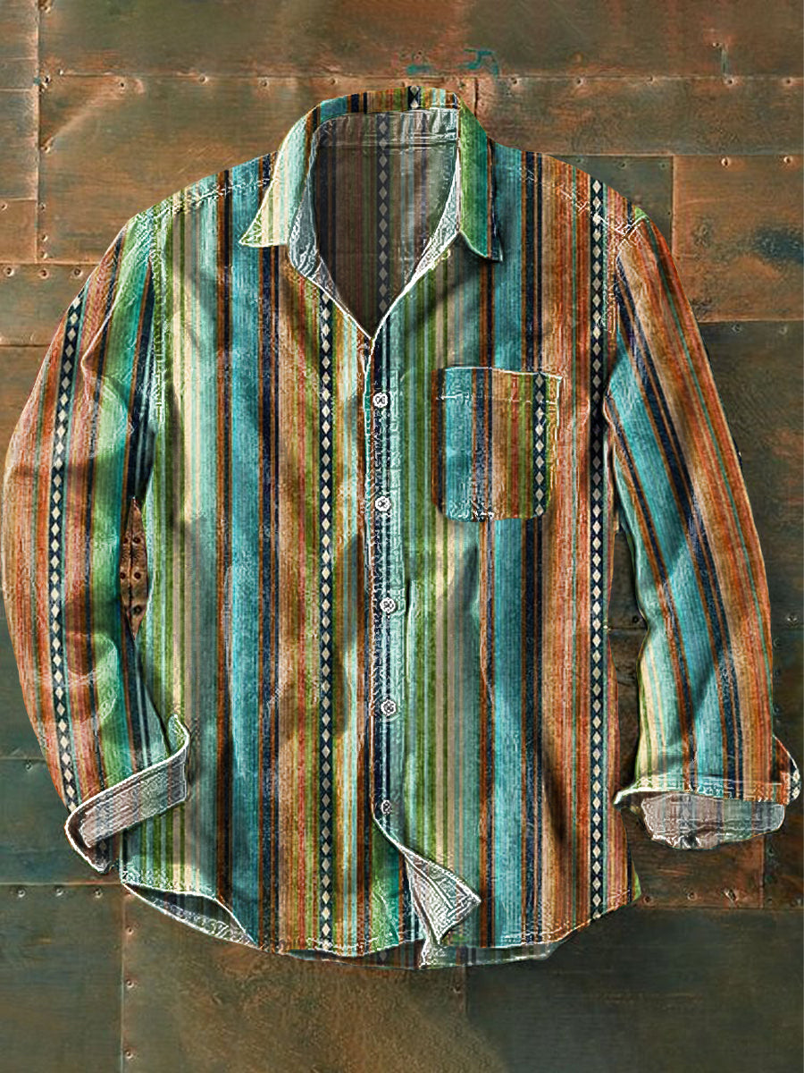 Vintage Western Gradient Stripe Art Print revers manches longues Pocket Shirt hommes