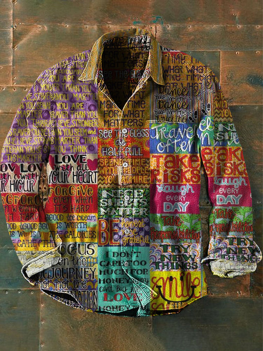 Chemise décontractée à manches longues à imprimé abstrait pour hommes unisexe Vintage Hippie Colorful Valentine's Day Rules