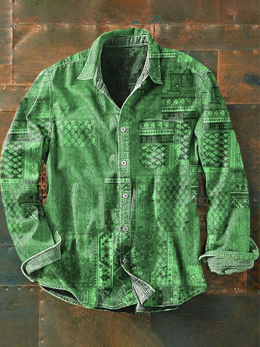 Chemise décontractée à manches longues à revers pour homme Vintage Emerald Abstract Print