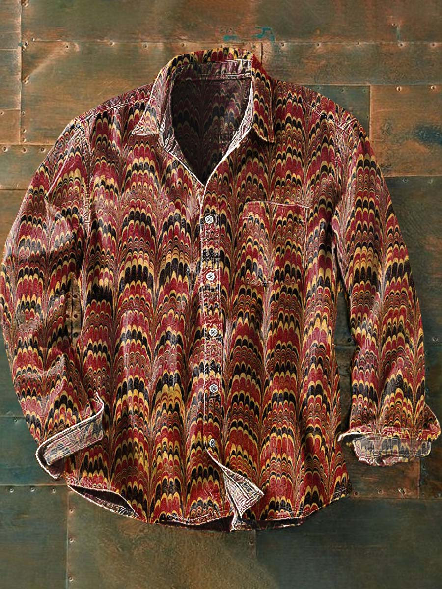 Chemise à manches longues à revers décontracté imprimé abstrait western vintage pour homme