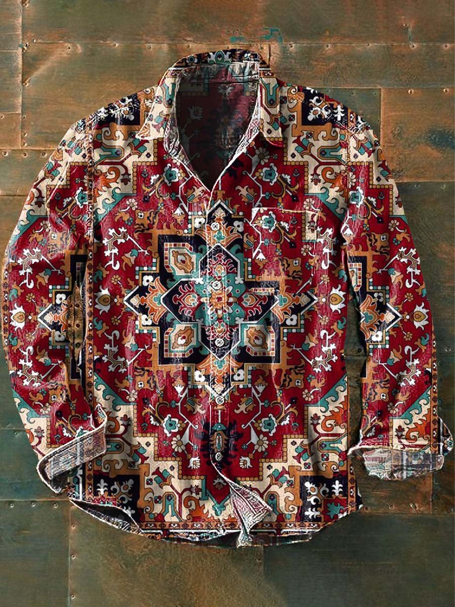 Chemise décontractée à manches longues à imprimé motif western vintage pour hommes