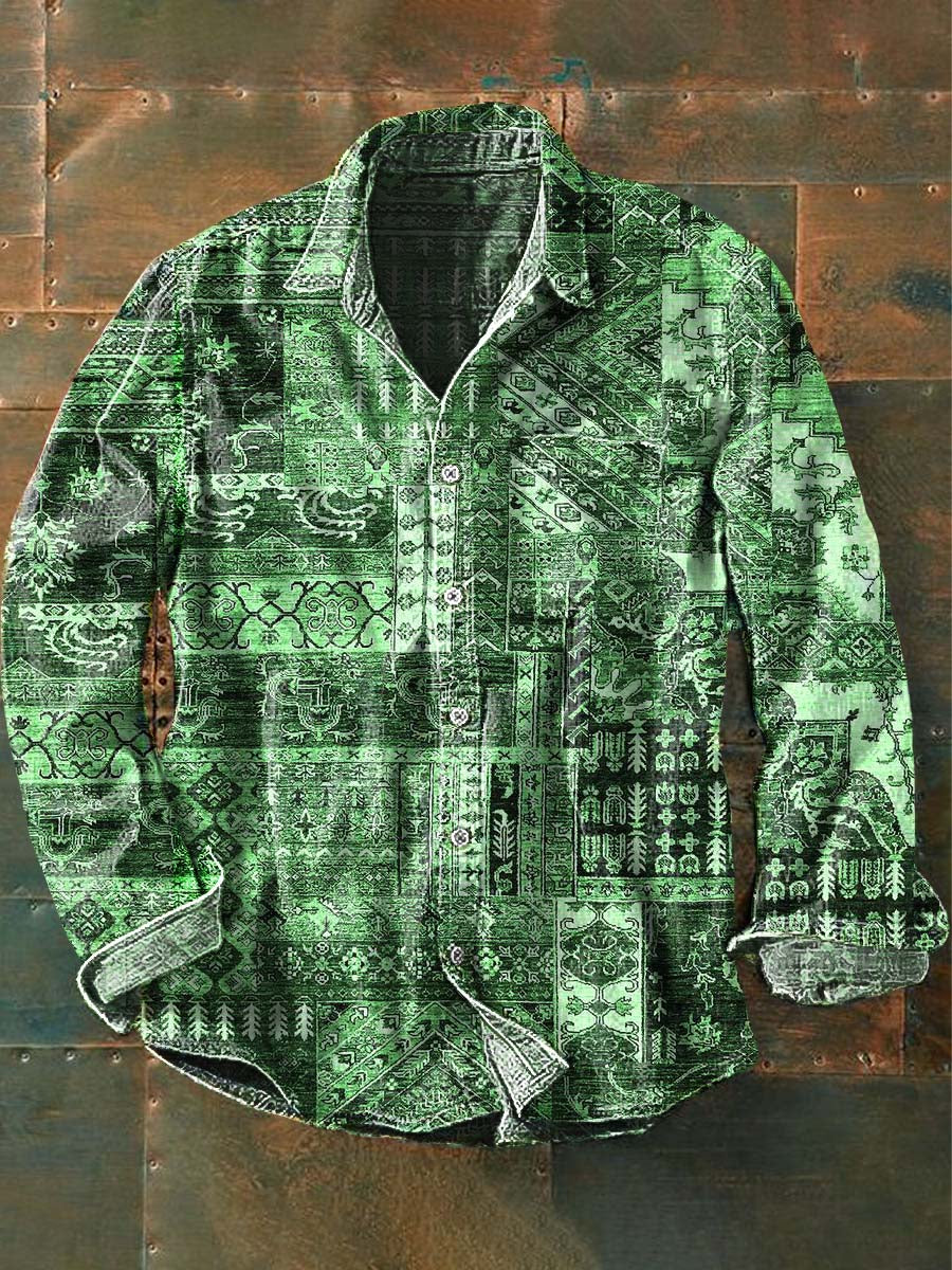 Chemise décontractée à manches longues vintage à imprimé jade pour hommes