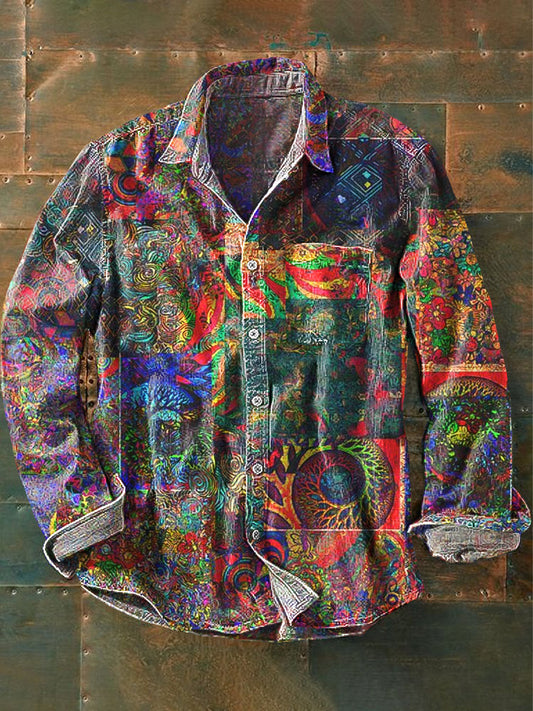 Vintage Abstract Art ethnique Imprimer à manches longues Pocket Shirt des hommes