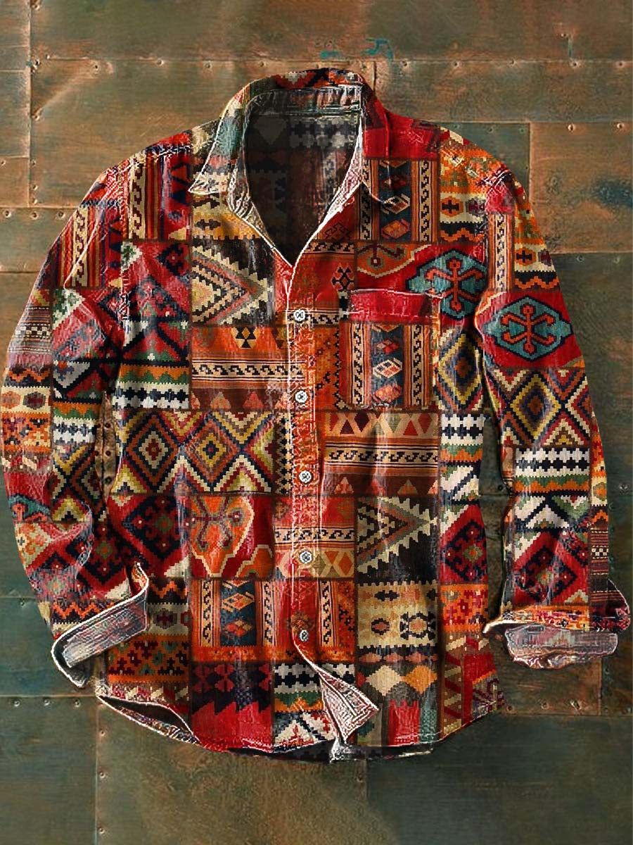 Chemise décontractée à manches longues à imprimé motif western vintage pour hommes