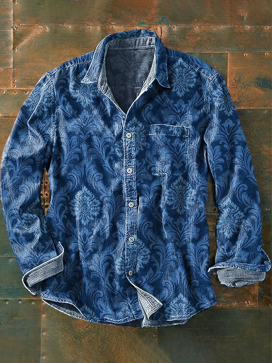 Chemise de poche à manches longues à imprimé floral bleu vintage pour homme