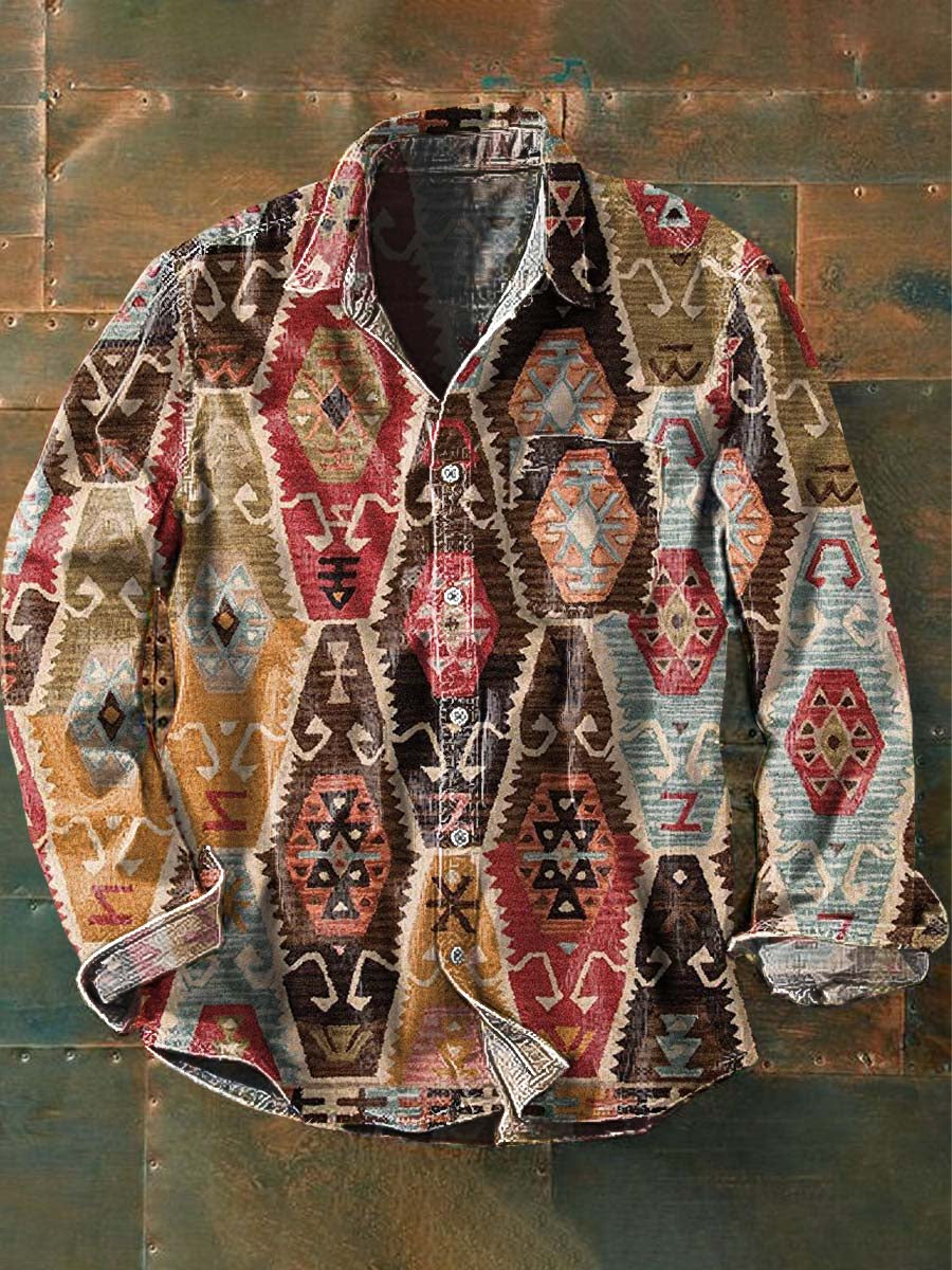 Chemise décontractée à manches longues à imprimé motif western vintage pour hommes