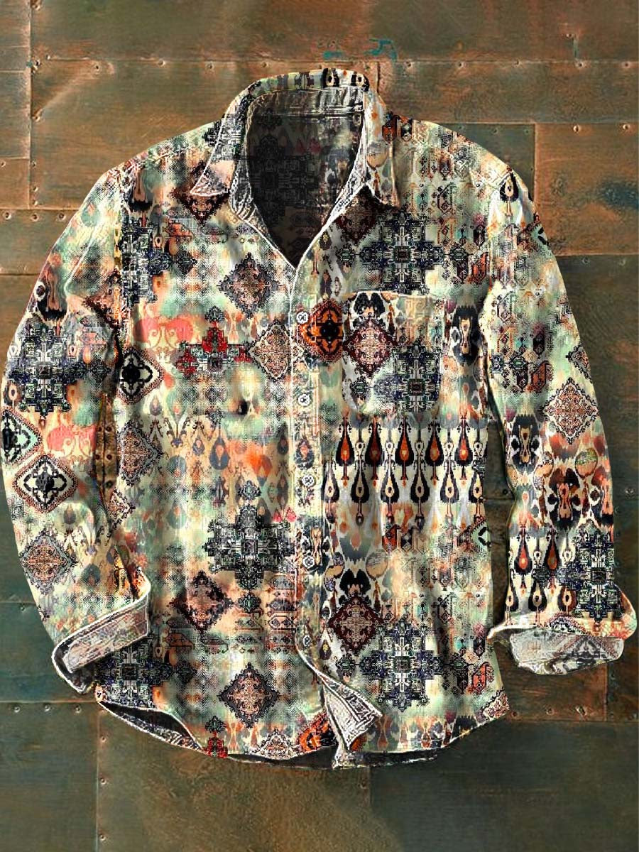 Chemise décontractée à manches longues à imprimé motif western vintage pour hommes