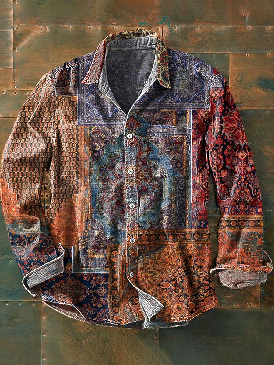 Chemise de poche à manches longues à revers pour hommes Vintage Ethnic Art Print