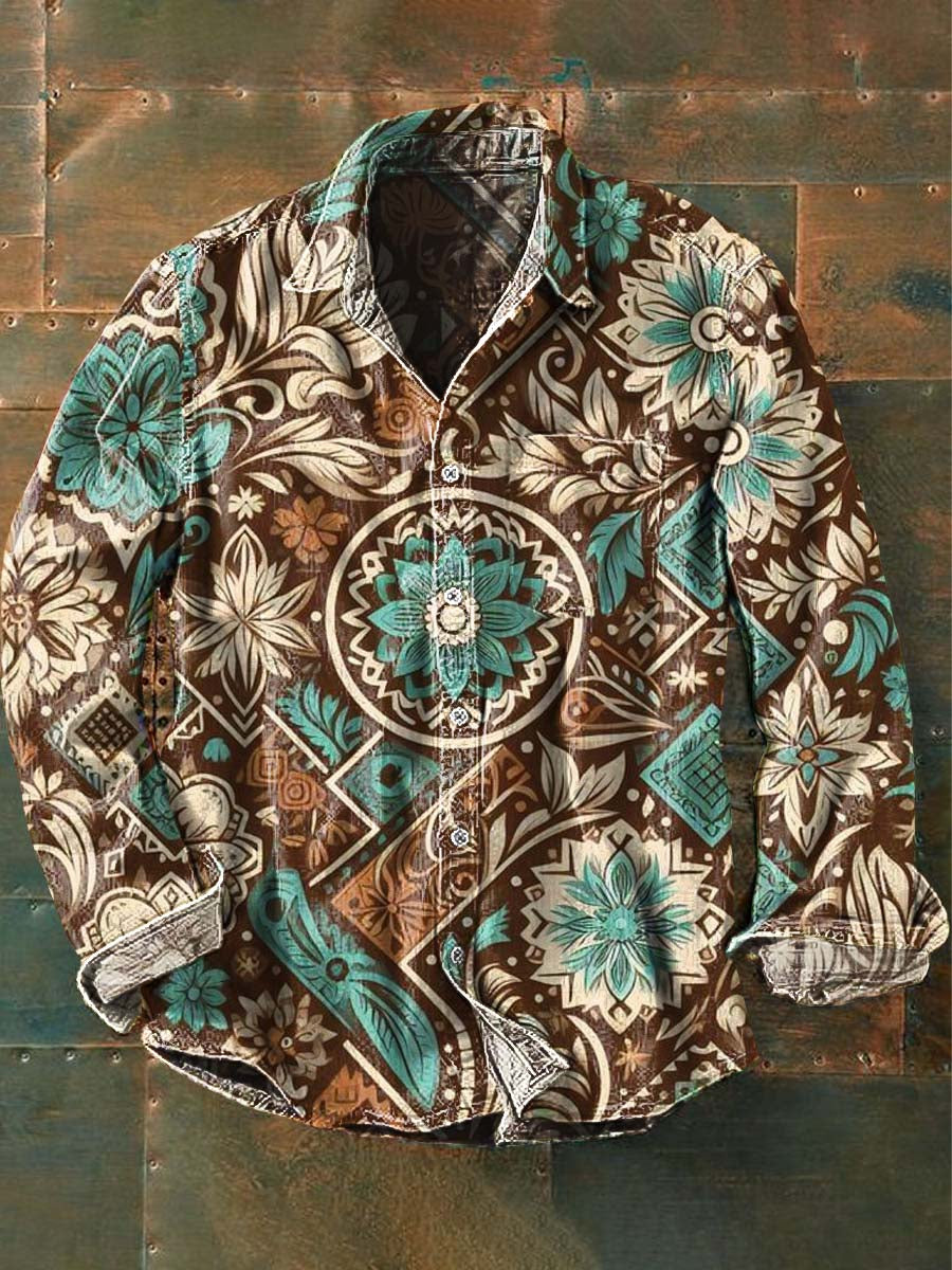 Chemise décontractée à manches longues à imprimé floral western pour hommes