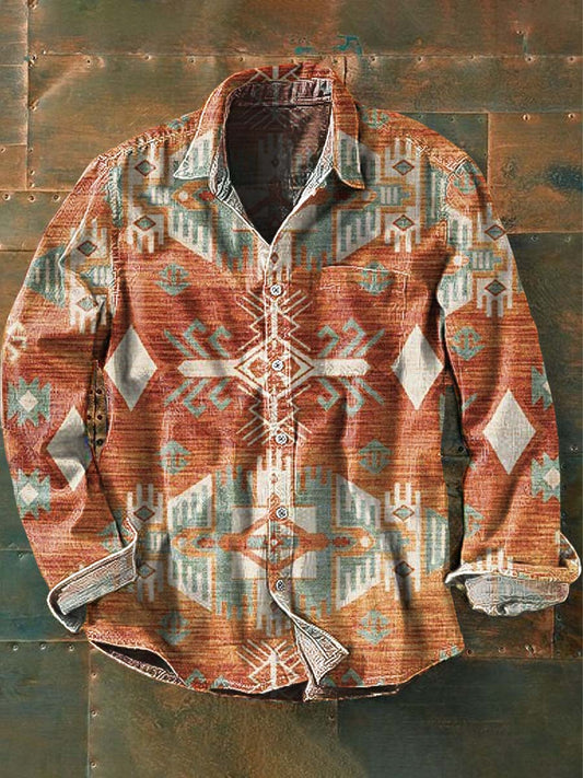 Chemise décontractée à manches longues à imprimé motif western vintage pour hommes