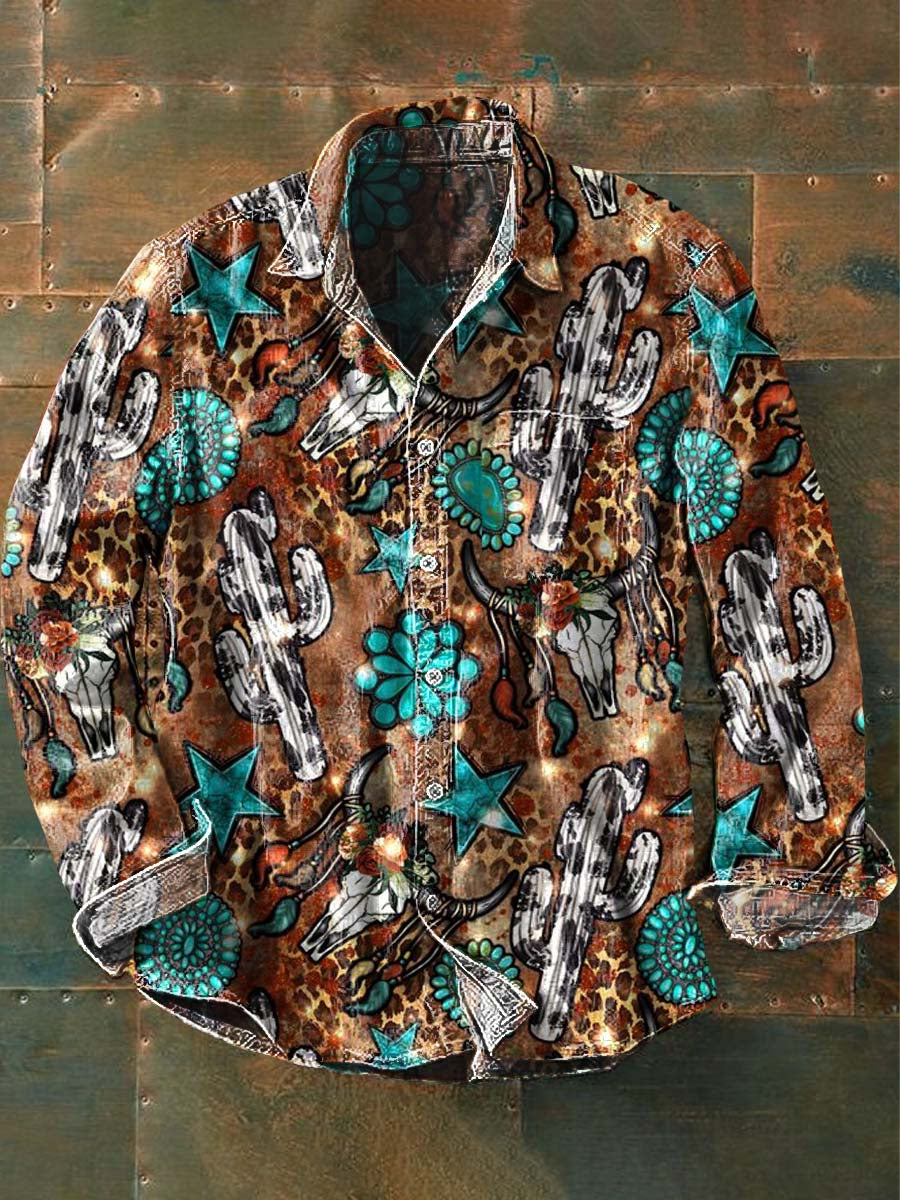 Chemise décontractée à manches longues à imprimé motif western vintage pour hommes