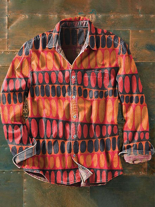 Chemise à revers décontractée à manches longues imprimée motif abstrait vintage pour hommes