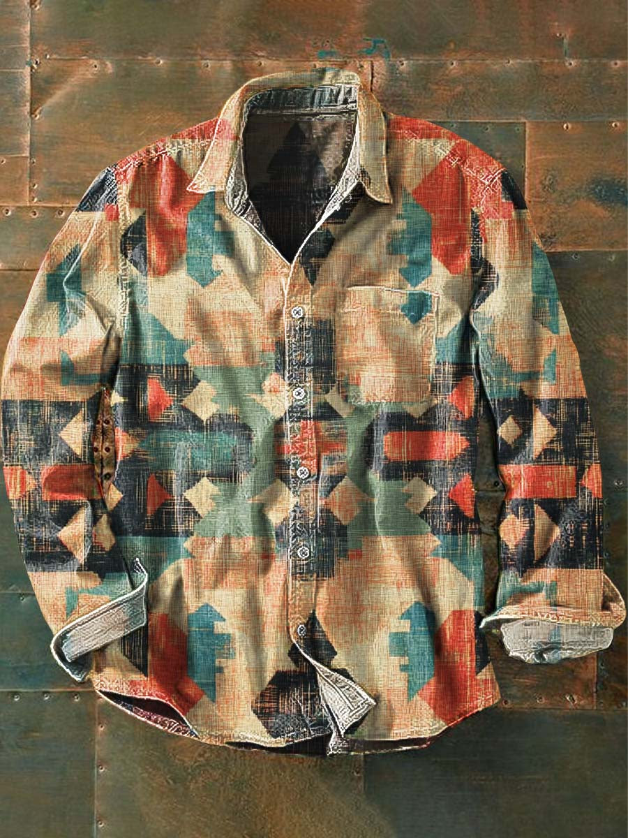 Chemise décontractée à manches longues à imprimé motif western vintage pour hommes