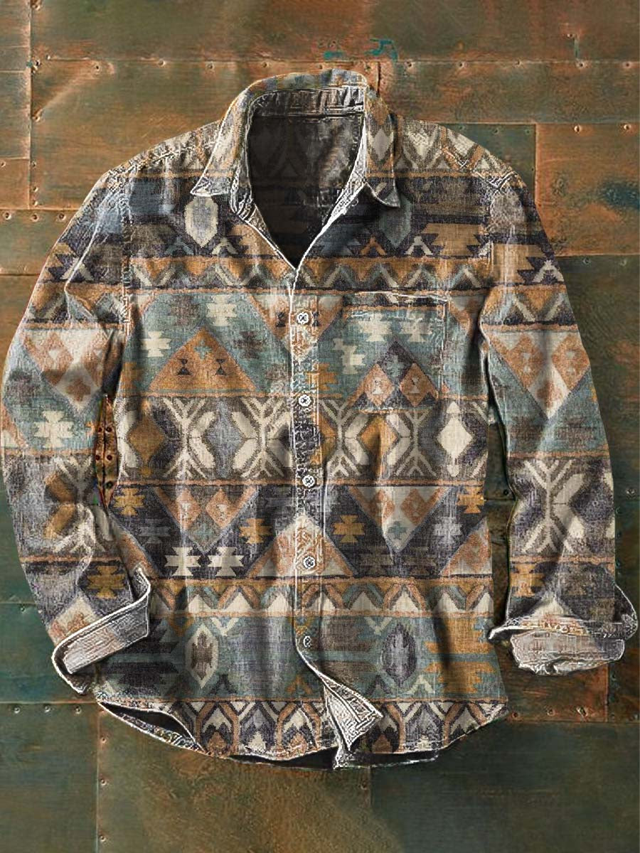 Chemise décontractée à manches longues à imprimé motif western vintage pour hommes