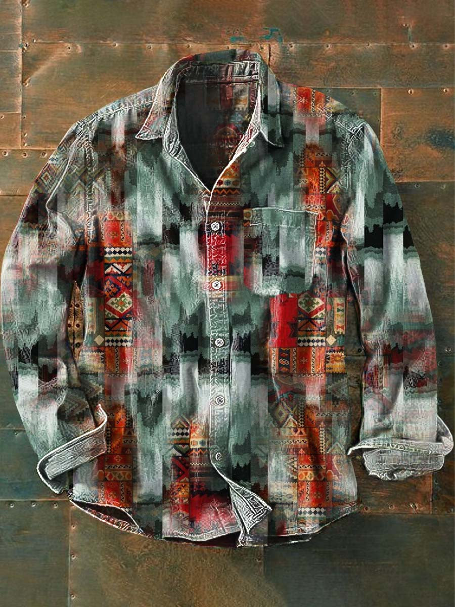 Chemise à manches longues décontractée imprimée Vintage Western Style pour hommes