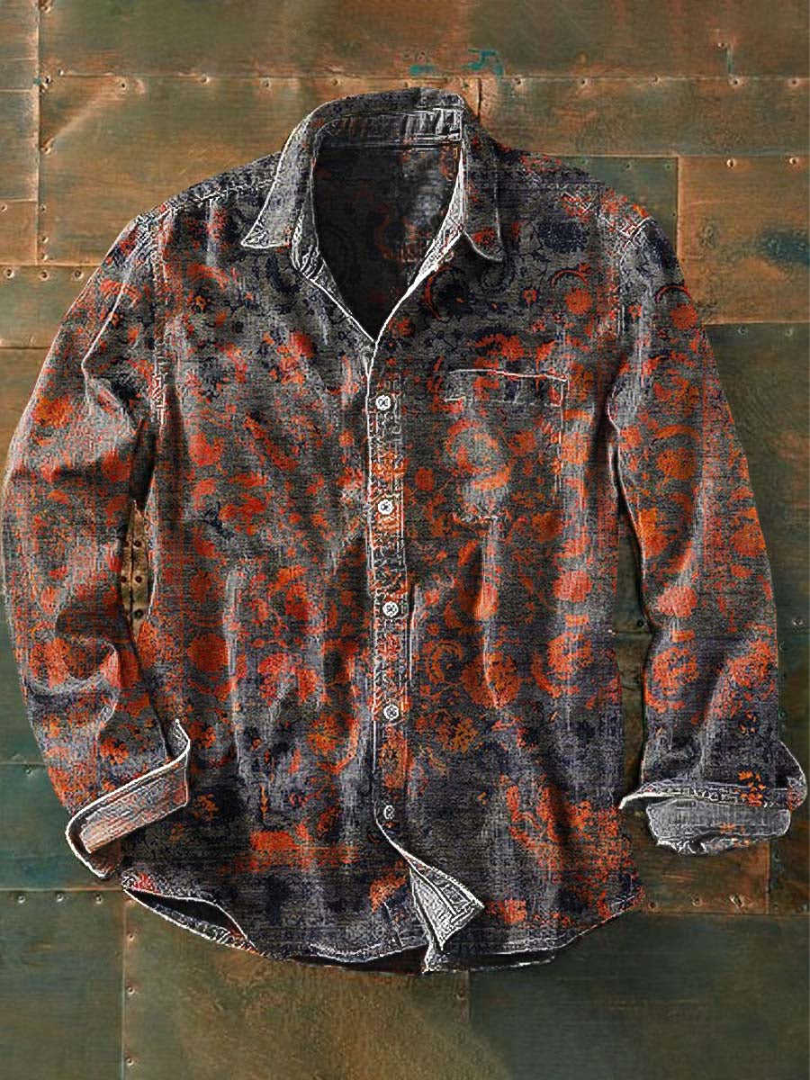 Chemise à manches longues à revers décontractée à imprimé ethnique tribal vintage pour hommes