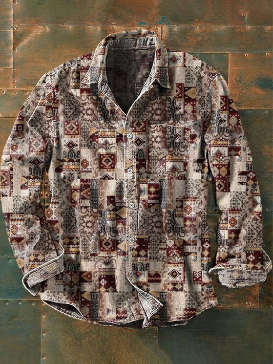 Chemise à manches longues à revers décontractée à imprimé western vintage pour hommes