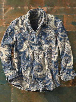 Vintage Paisley Print Casual revers chemise à manches longues pour hommes