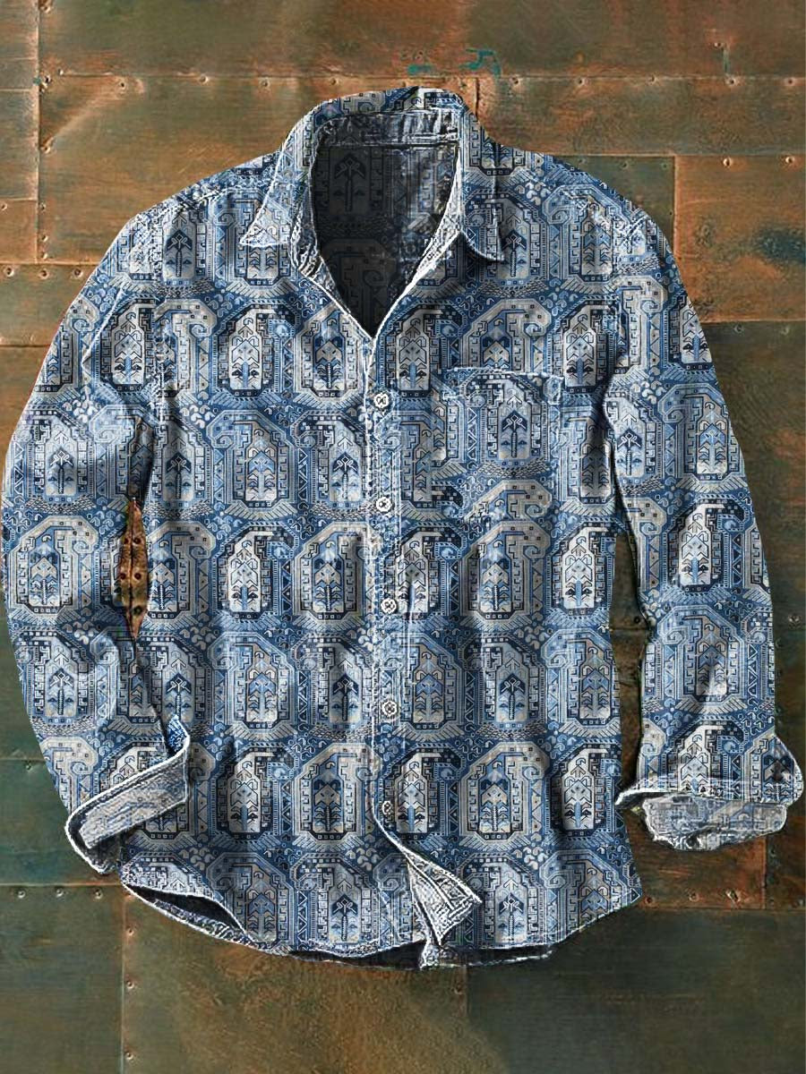 Chemise à manches longues à revers décontractée à imprimé ethnique tribal vintage pour hommes