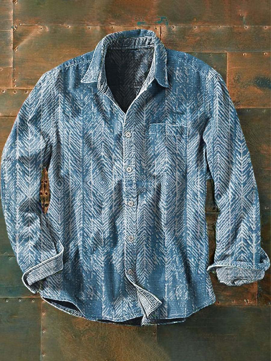 Chemise à manches longues à revers décontractée à imprimé ethnique tribal vintage pour hommes