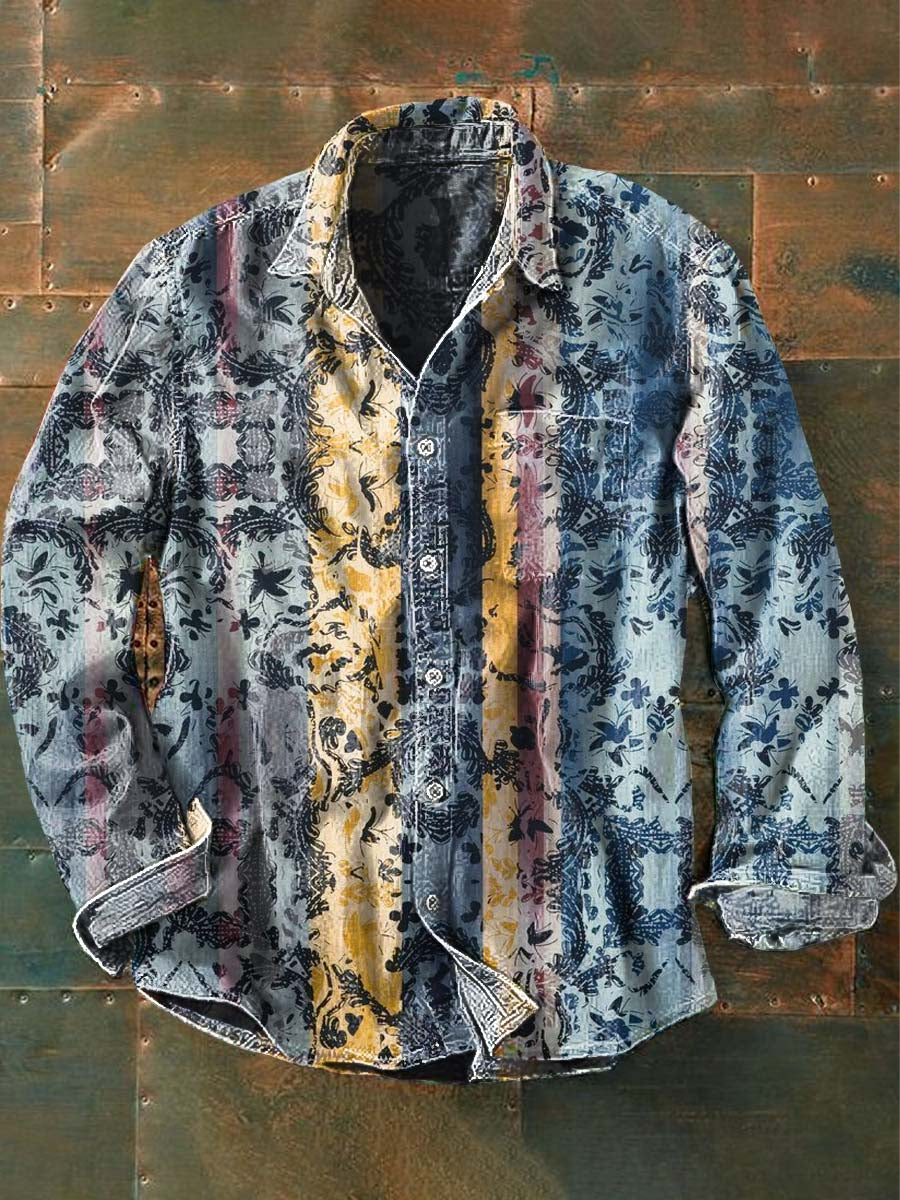 Chemise à manches longues Vintage Western Cowboy Print Casual revers pour hommes