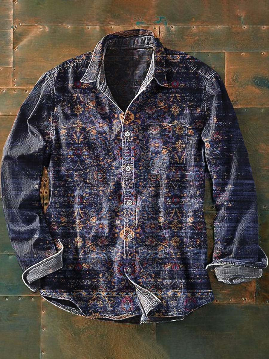 Chemise à manches longues Vintage Western Cowboy Print Casual revers pour hommes