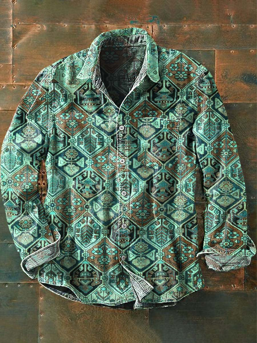 Chemise à manches longues à revers décontractée Western Style Print pour hommes