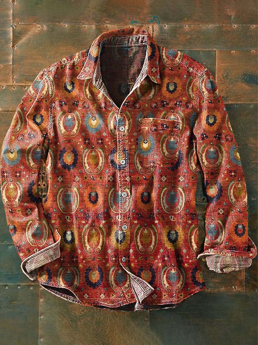 Chemise à manches longues Vintage Western Cowboy Print Casual revers pour hommes