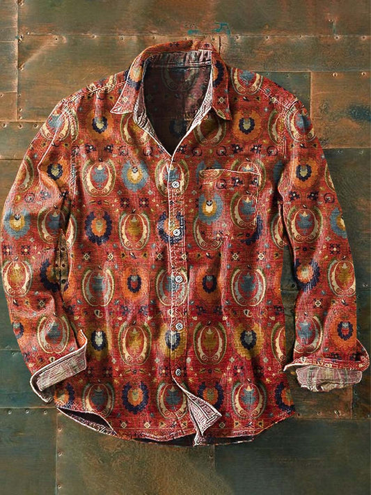 Chemise à manches longues Vintage Western Cowboy Print Casual revers pour hommes