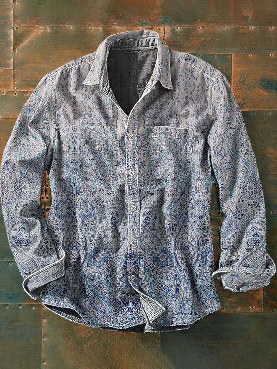 Chemise décontractée à manches longues à revers imprimée style western vintage pour hommes