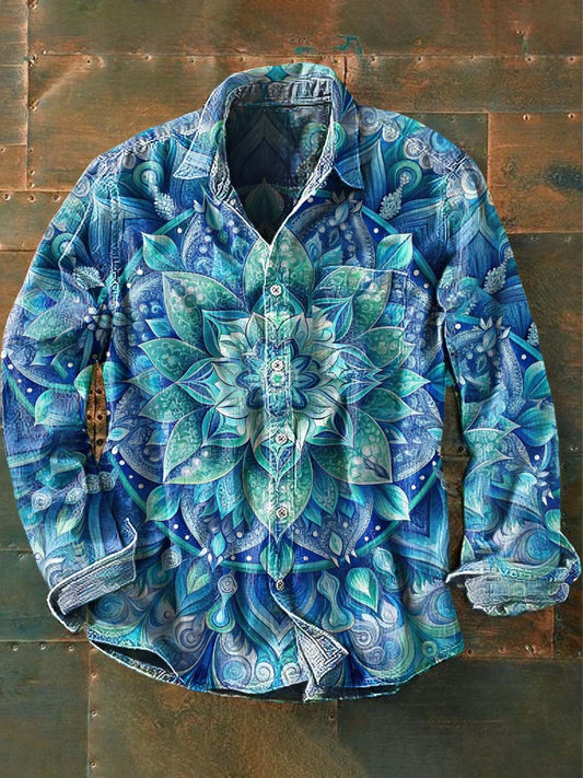 Chemise à manches longues à revers décontractée à imprimé mandala vintage pour hommes