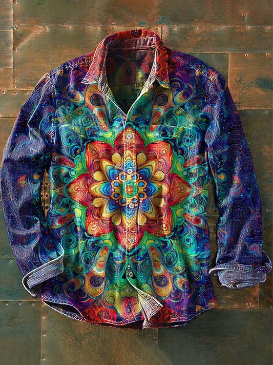 Chemise à manches longues à revers décontractée à imprimé mandala vintage pour hommes