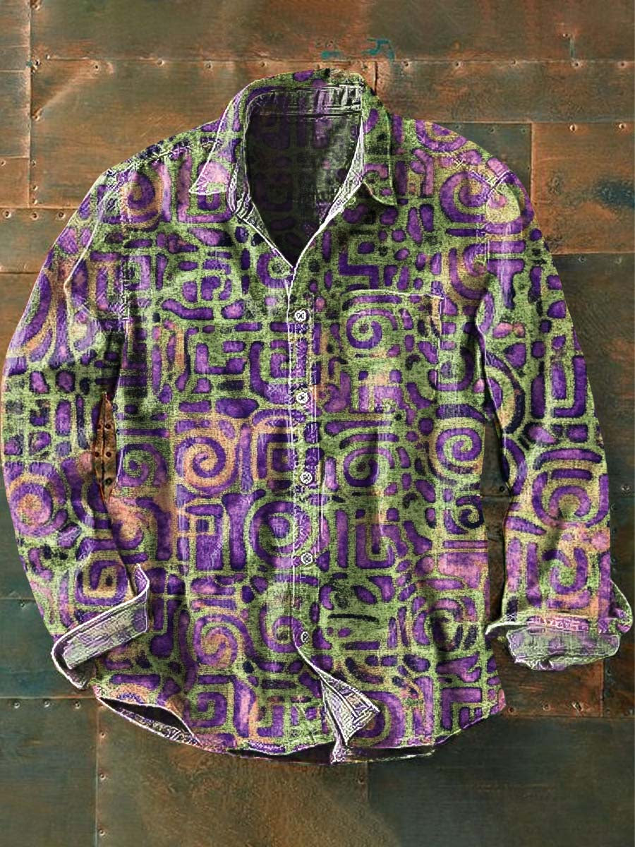 Chemise décontractée à manches longues à revers pour hommes Vintage Ethnic Swirl Circle Print