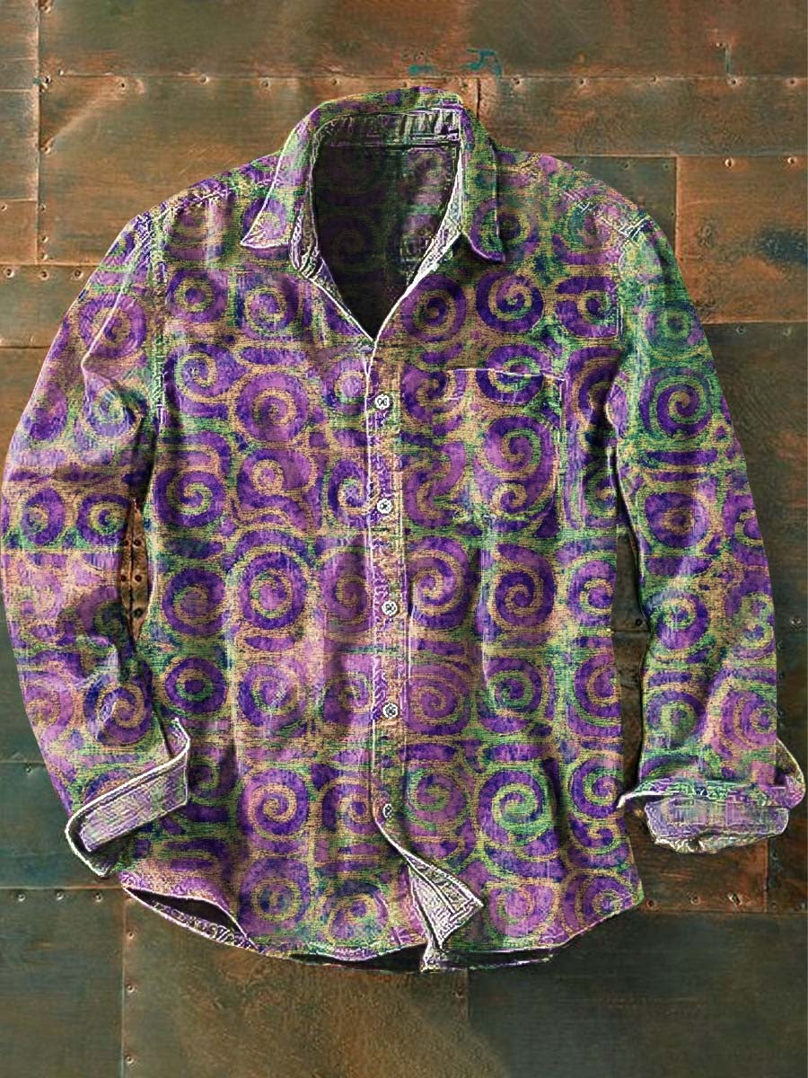 Chemise décontractée à manches longues à revers pour hommes Vintage Ethnic Swirl Circle Print