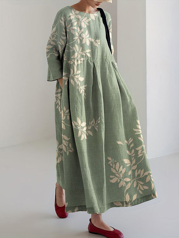 Printed V-Neck Elegant Chic Loose Long Sleeve Maxi Dress