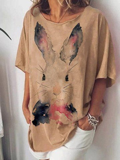 Women's Cute Bunny Print O-Neck Loose Short Sleeve T-Shirt