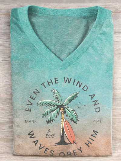 Women's Even The Wind And Waves Obey Him Print V-Neck Short Sleeve T-Shirt