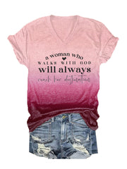 Women's A Woman Who Walks With God Tie-Dye Print V-Neck T-Shirt