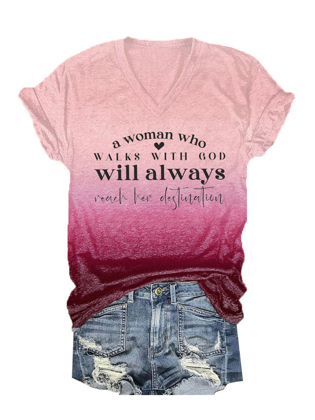 Women's A Woman Who Walks With God Tie-Dye Print V-Neck T-Shirt